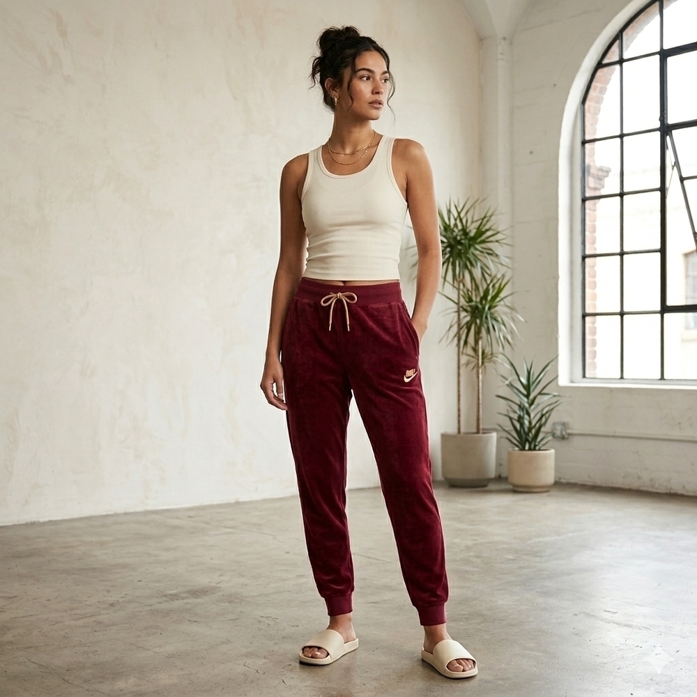 Nike Women’s Sportswear Velour Heritage Joggers Burgandy Red/Gold Womens Medium - Picture 1 of 8